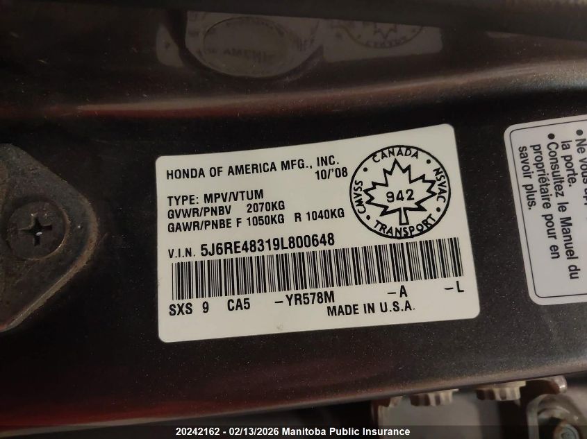 2009 Honda Cr-V Lx VIN: 5J6RE48319L800648 Lot: 20242162