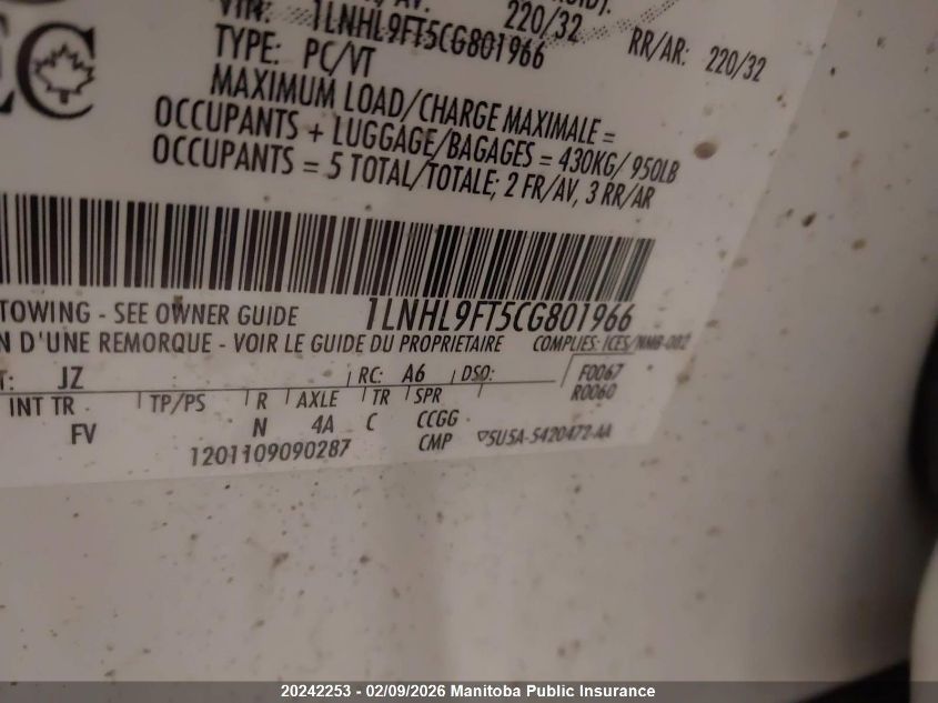 2012 Lincoln Mks Ecoboost VIN: 1LNHL9FT5CG801966 Lot: 20242253