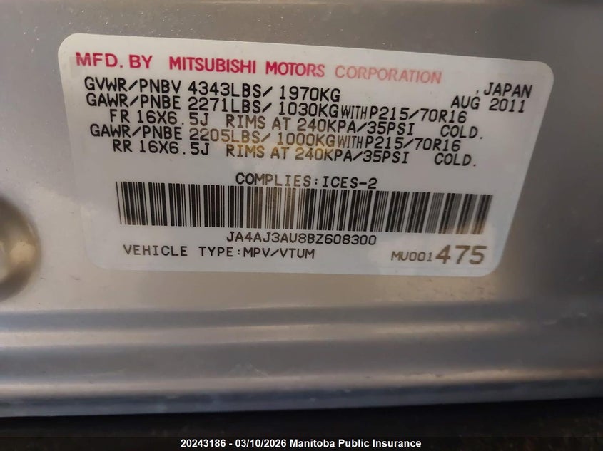 2011 Mitsubishi Rvr Se VIN: JA4AJ3AU8BZ608300 Lot: 20243186