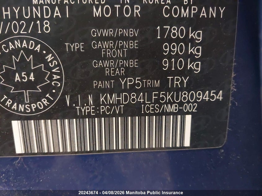 2019 Hyundai Elantra Preferred VIN: KMHD84LF5KU809454 Lot: 20243674