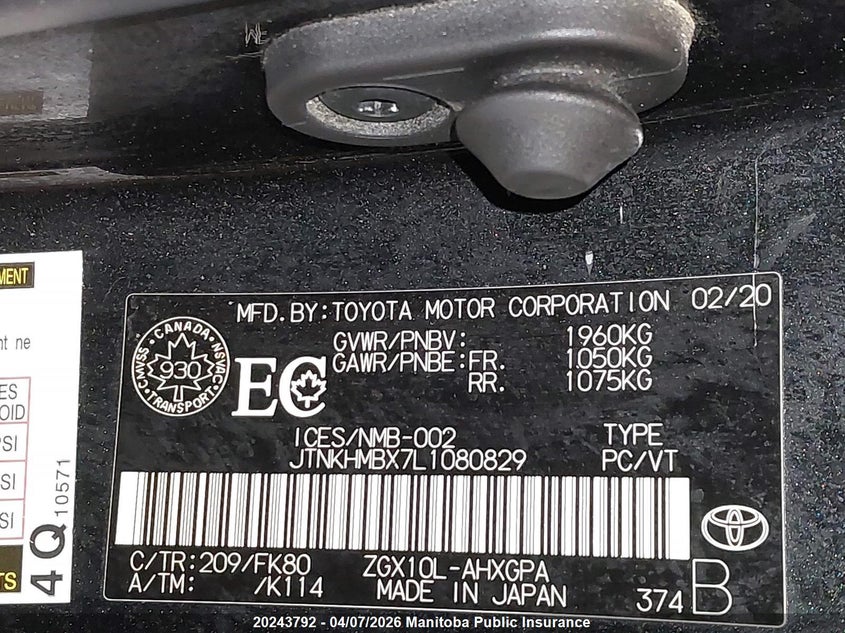 2020 Toyota C-Hr Xle Premium VIN: JTNKHMBX7L1080829 Lot: 20243792