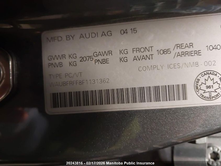 2015 Audi A3 2.0T Quattro VIN: WAUBFRFF8F1131362 Lot: 20243816