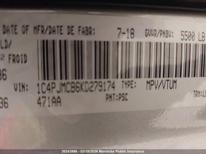 2019 Jeep Cherokee North VIN: 1C4PJMCB6KD279174 Lot: 20243998