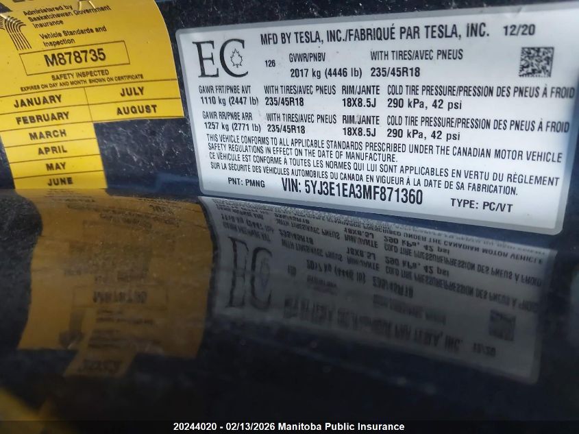 2021 Tesla Model 3 Standard Range Plus 50 VIN: 5YJ3E1EA3MF871360 Lot: 20244020