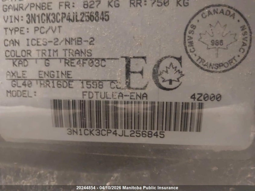 2018 Nissan Micra S VIN: 3N1CK3CP4JL256845 Lot: 20244854