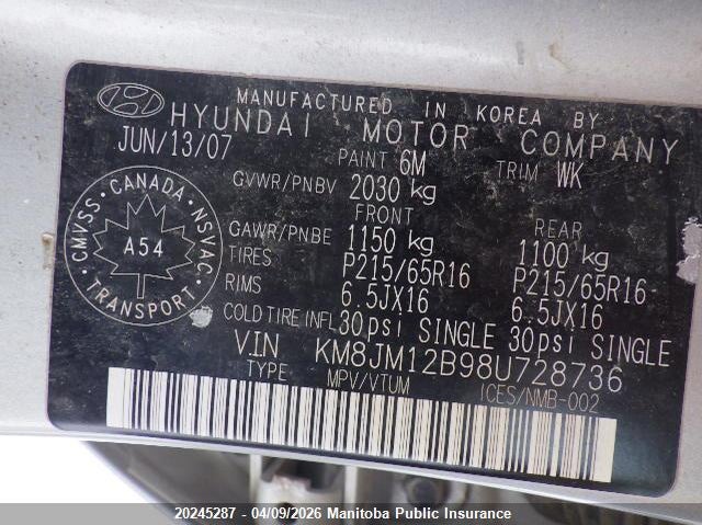 2008 Hyundai Tucson Gl VIN: KM8JM12B98U728736 Lot: 20245287
