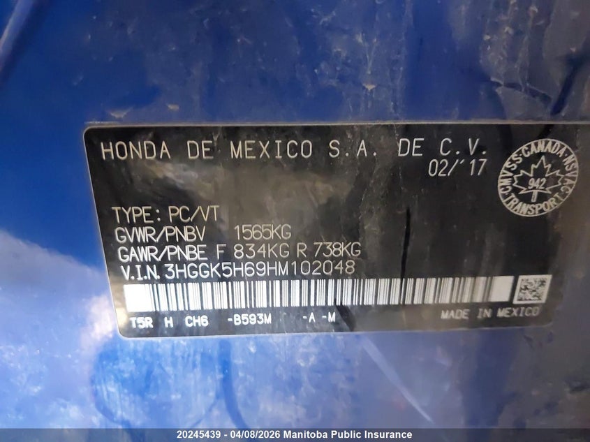 2017 Honda Fit Se VIN: 3HGGK5H69HM102048 Lot: 20245439