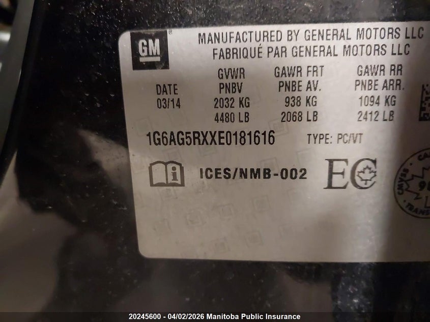 2014 Cadillac Ats Turbo VIN: 1G6AG5RXXE0181616 Lot: 20245600