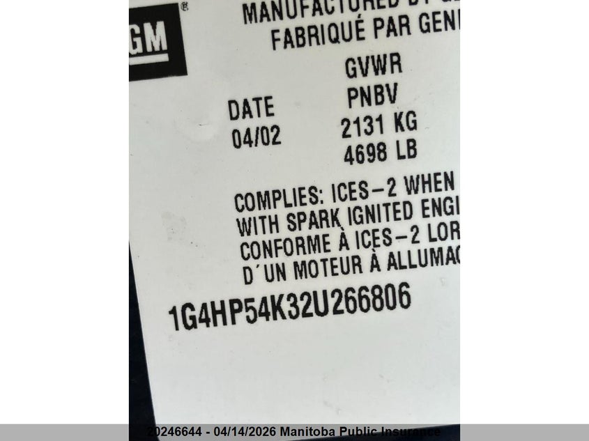 2002 Buick Le Sabre Custom VIN: 1G4HP54K32U266806 Lot: 20246644