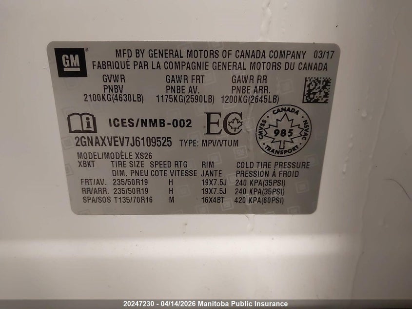 2018 Chevrolet Equinox Lt VIN: 2GNAXVEV7J6109525 Lot: 20247230