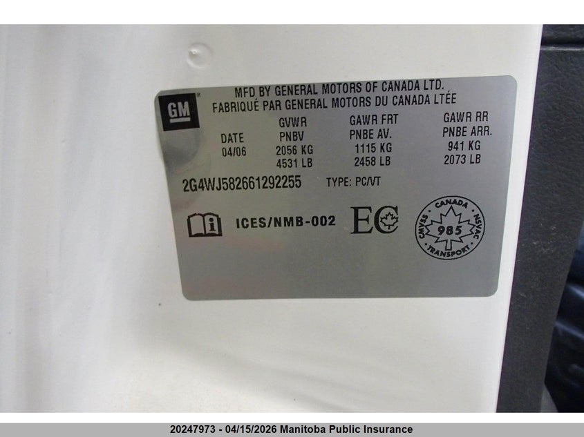 2006 Buick Allure Cxl VIN: 2G4WJ582661292255 Lot: 20247973