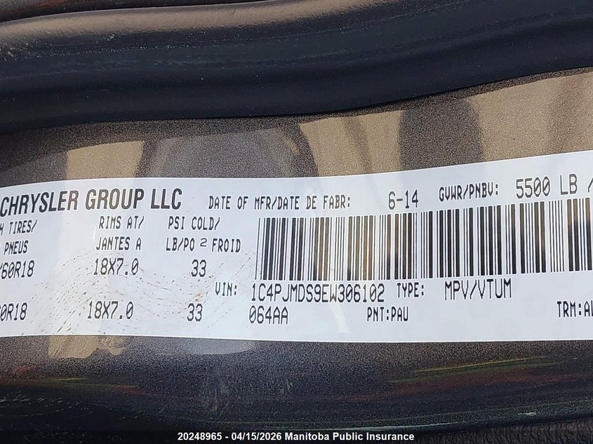 2014 Jeep Cherokee Limited VIN: 1C4PJMDS9EW306102 Lot: 20248965