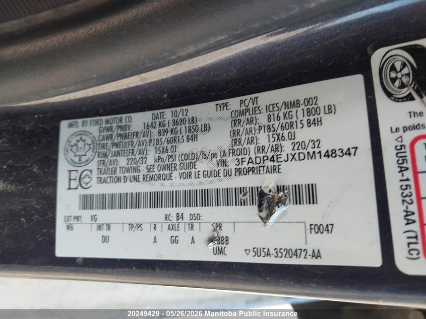 2013 Ford Fiesta Se VIN: 3FADP4EJXDM148347 Lot: 20249429