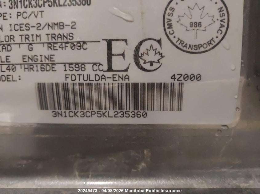 2019 Nissan Micra S VIN: 3N1CK3CP5KL235360 Lot: 20249473