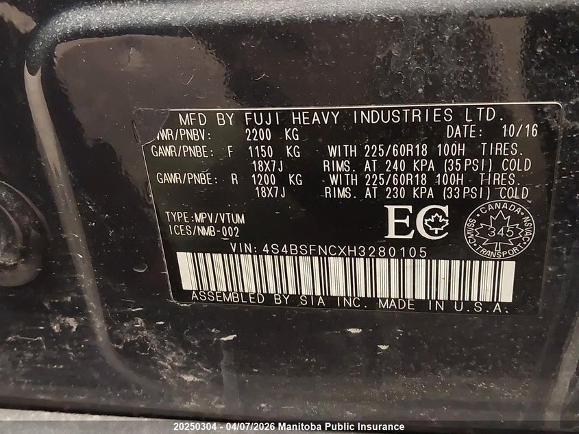 2017 Subaru Outback 3.6R VIN: 4S4BSFNCXH3280105 Lot: 20250304