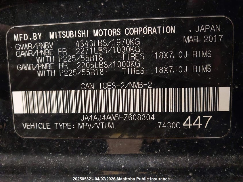 2017 Mitsubishi Rvr Se VIN: JA4AJ4AW5HZ608304 Lot: 20250532