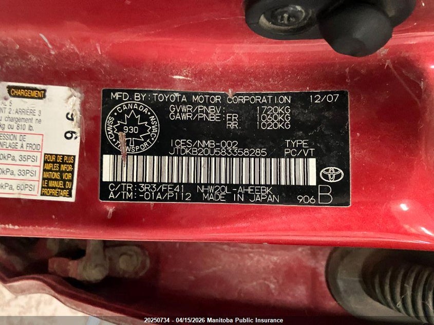 2008 Toyota Prius VIN: JTDKB20U583358285 Lot: 20250734