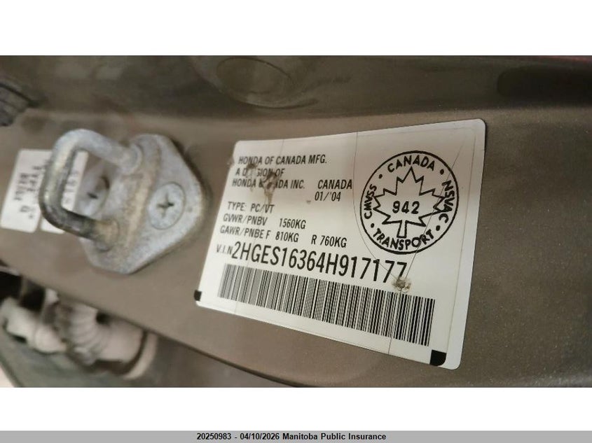 2004 Honda Civic Dx-G VIN: 2HGES16364H917177 Lot: 20250983