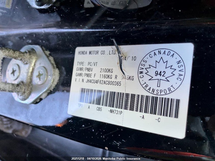 2010 Acura Tsx VIN: JH4CU4F62AC800365 Lot: 20251218