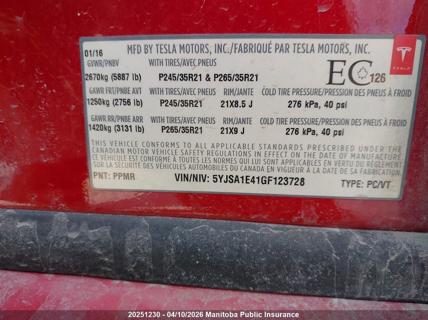 2016 Tesla Model S 90D VIN: 5YJSA1E41GF123728 Lot: 20251230