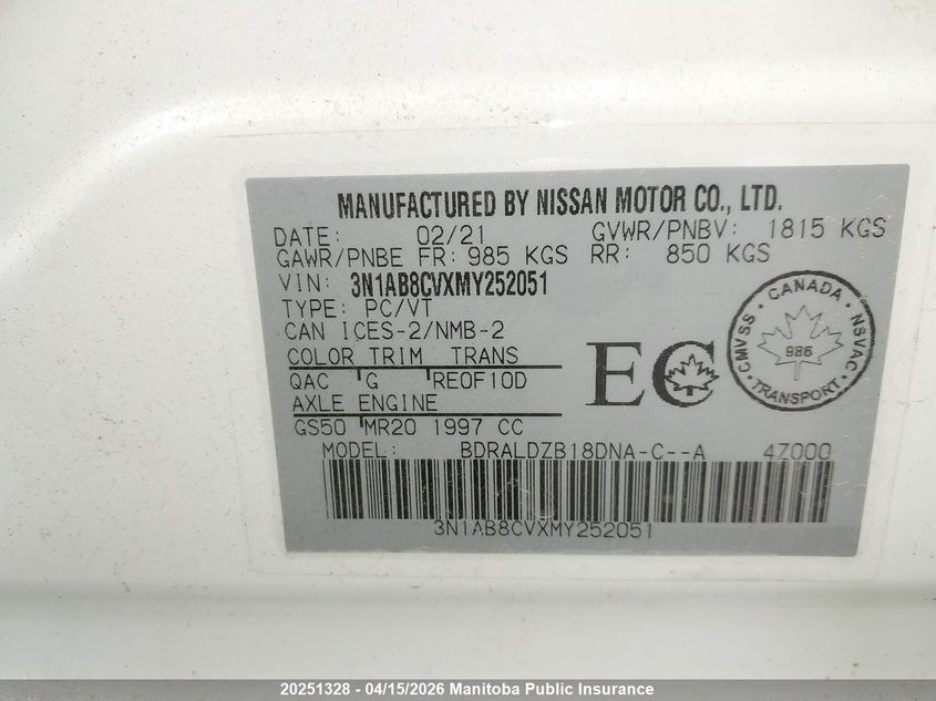 2021 Nissan Sentra 2.0 S VIN: 3N1AB8CVXMY252051 Lot: 20251328