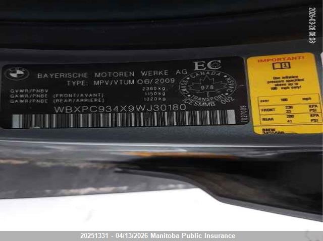 2009 BMW X3 3.0I VIN: WBXPC934X9WJ30180 Lot: 20251331