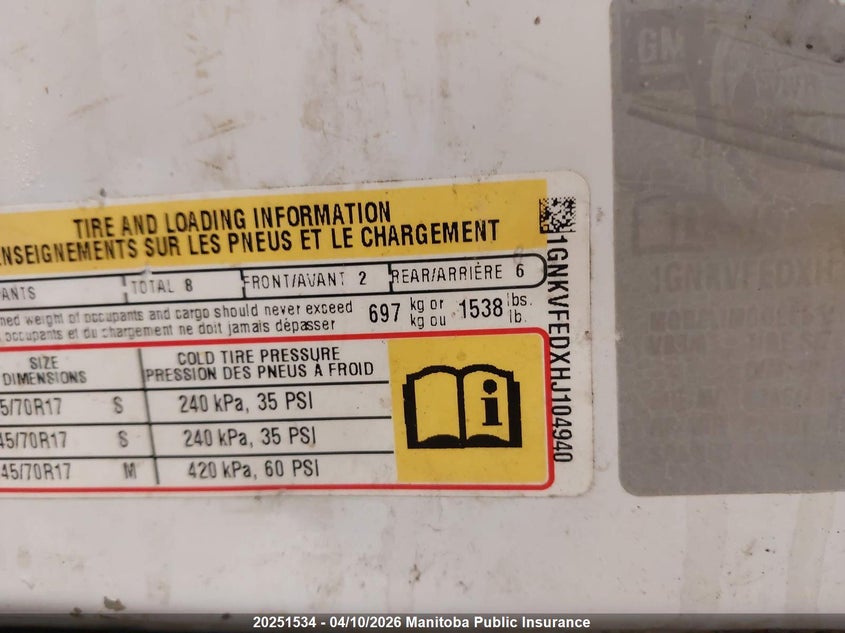 2017 Chevrolet Traverse Ls VIN: 1GNKVFEDXHJ104940 Lot: 20251534