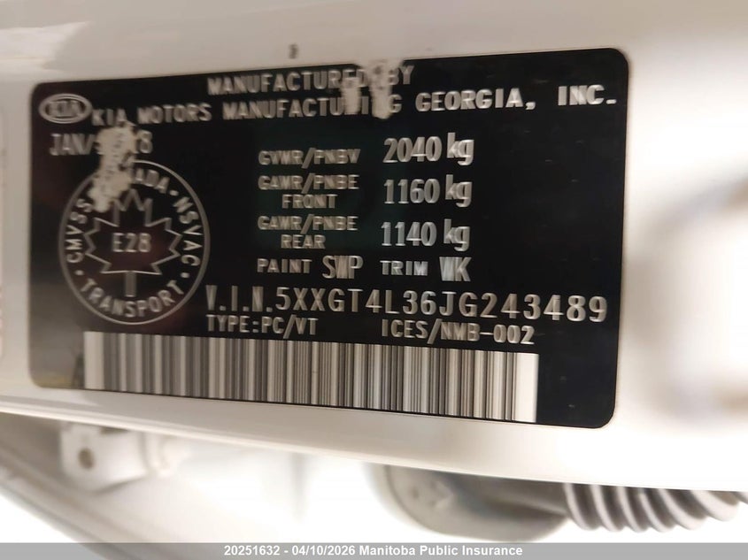 2018 Kia Optima Lx VIN: 5XXGT4L36JG243489 Lot: 20251632
