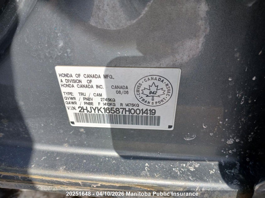 2007 Honda Ridgeline Ex-L VIN: 2HJYK16587H001419 Lot: 20251648