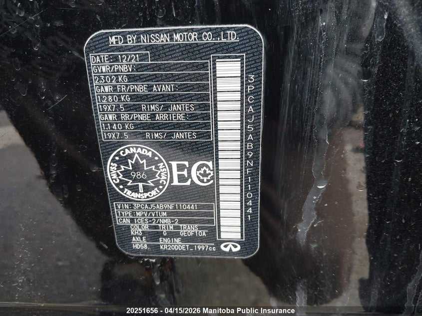 2022 Infiniti Qx50 Essential 2.0T VIN: 3PCAJ5AB9NF110441 Lot: 20251656