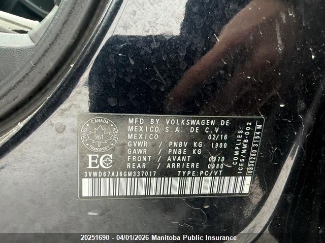 2016 Volkswagen Jetta 1.4 Tsi VIN: 3VWD67AJ6GM337017 Lot: 20251690
