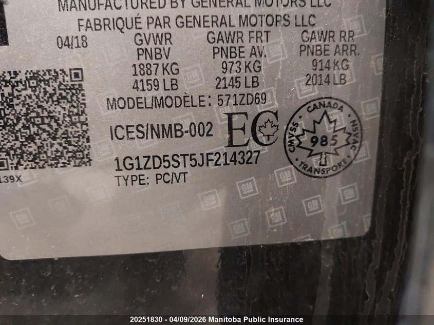 2018 Chevrolet Malibu Lt VIN: 1G1ZD5ST5JF214327 Lot: 20251830