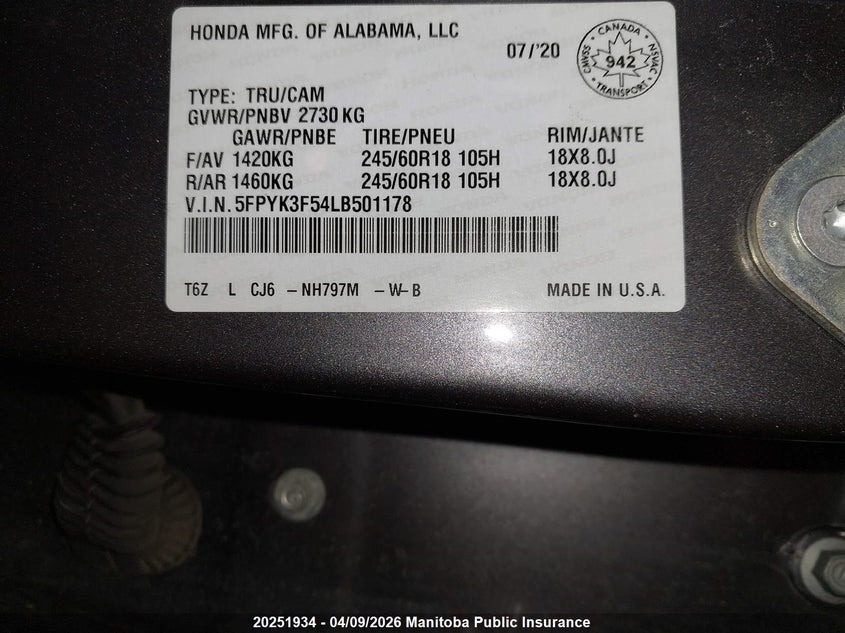 2020 Honda Ridgeline Ex-L VIN: 5FPYK3F54LB501178 Lot: 20251934
