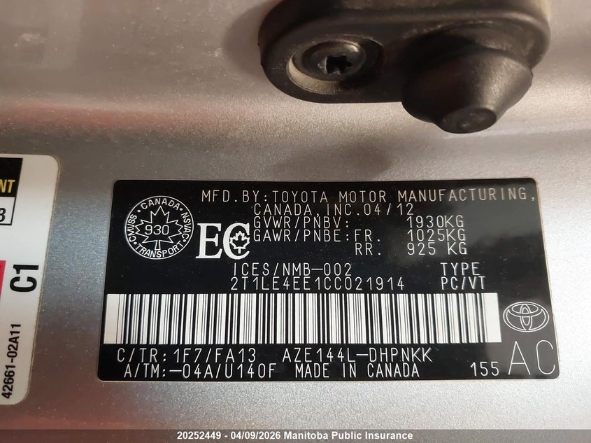 2012 Toyota Matrix VIN: 2T1LE4EE1CC021914 Lot: 20252449