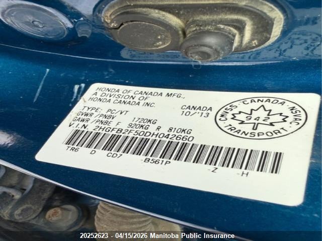 2013 Honda Civic Ex VIN: 2HGFB2F50DH042660 Lot: 20252623