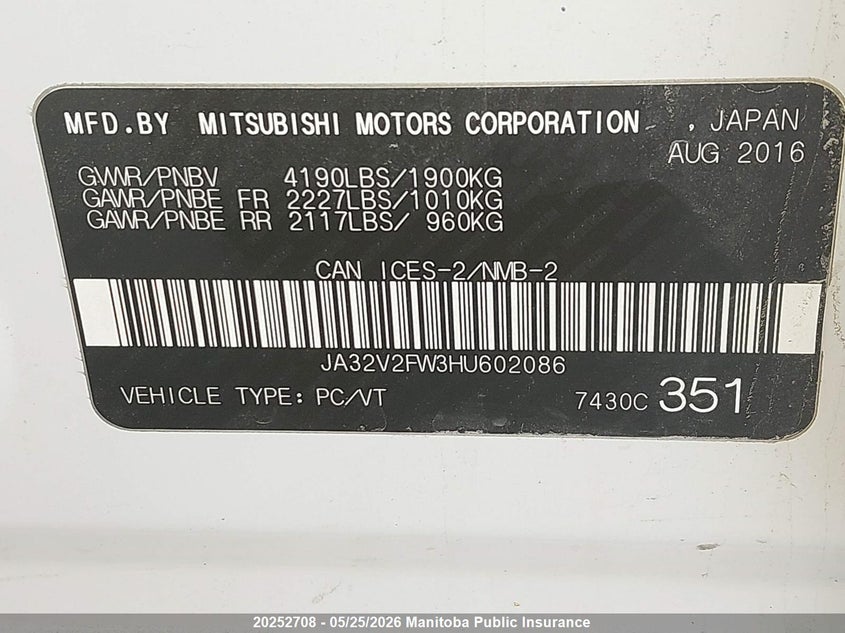 2017 Mitsubishi Lancer VIN: JA32V2FW3HU602086 Lot: 20252708