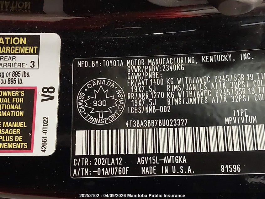 2011 Toyota Venza VIN: 4T3BA3BB7BU023327 Lot: 20253102