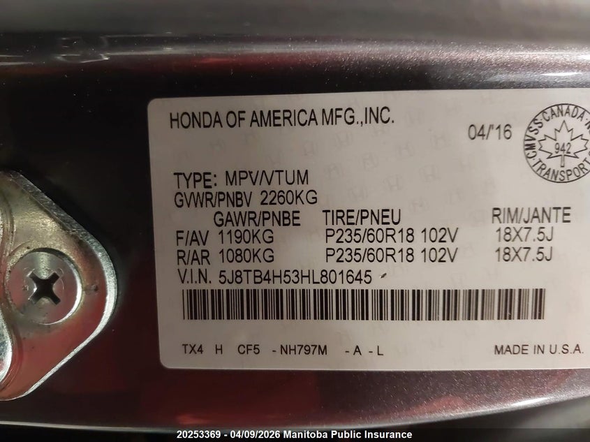 2017 Acura Rdx VIN: 5J8TB4H53HL801645 Lot: 20253369