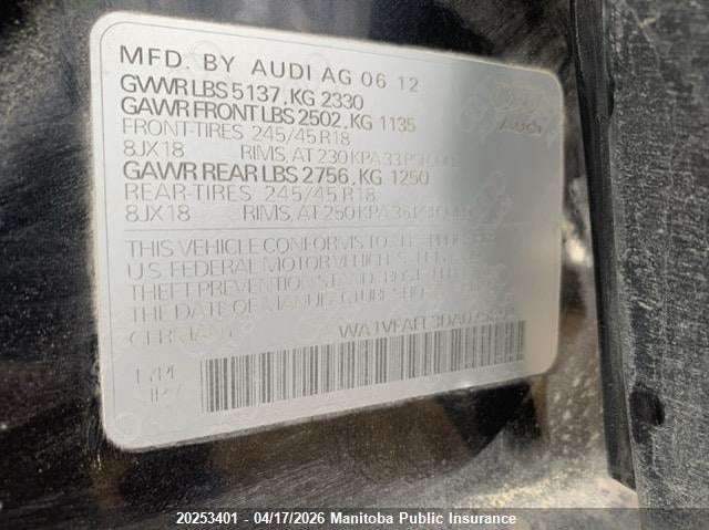 2013 Audi A4 2.0T Allroad Quattro VIN: WA1VFAFL3DA075894 Lot: 20253401