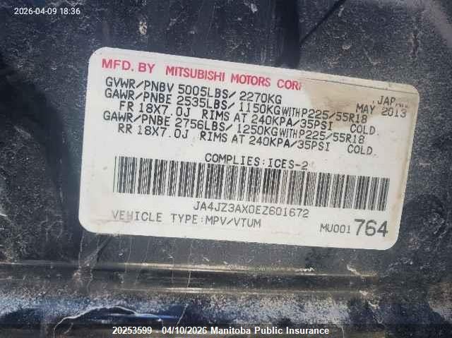 2014 Mitsubishi Outlander Se VIN: JA4JZ3AX0EZ601672 Lot: 20253599