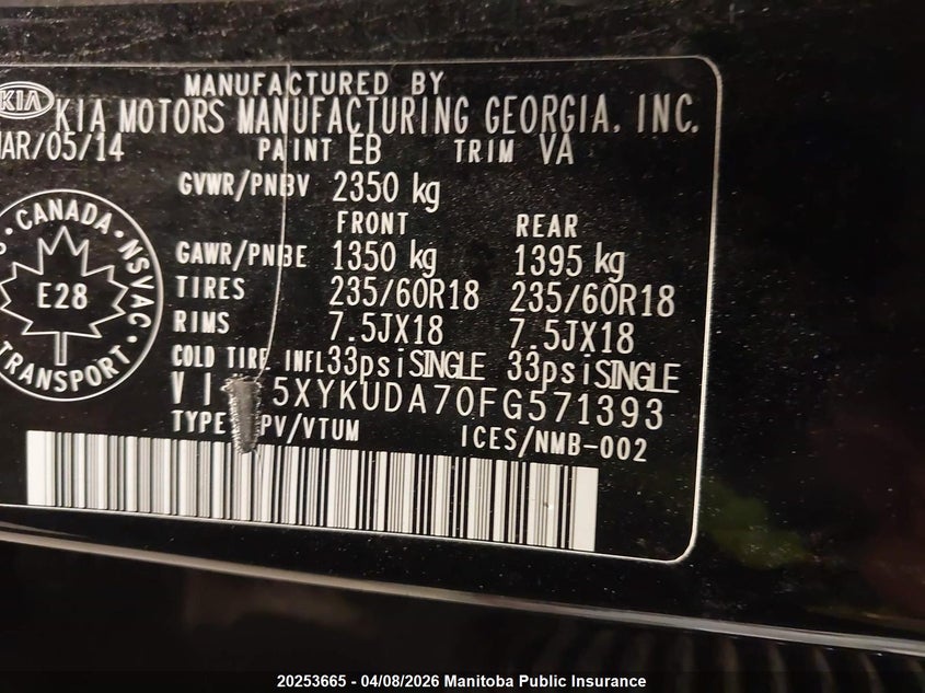 2015 Kia Sorento Ex V6 VIN: 5XYKUDA70FG571393 Lot: 20253665