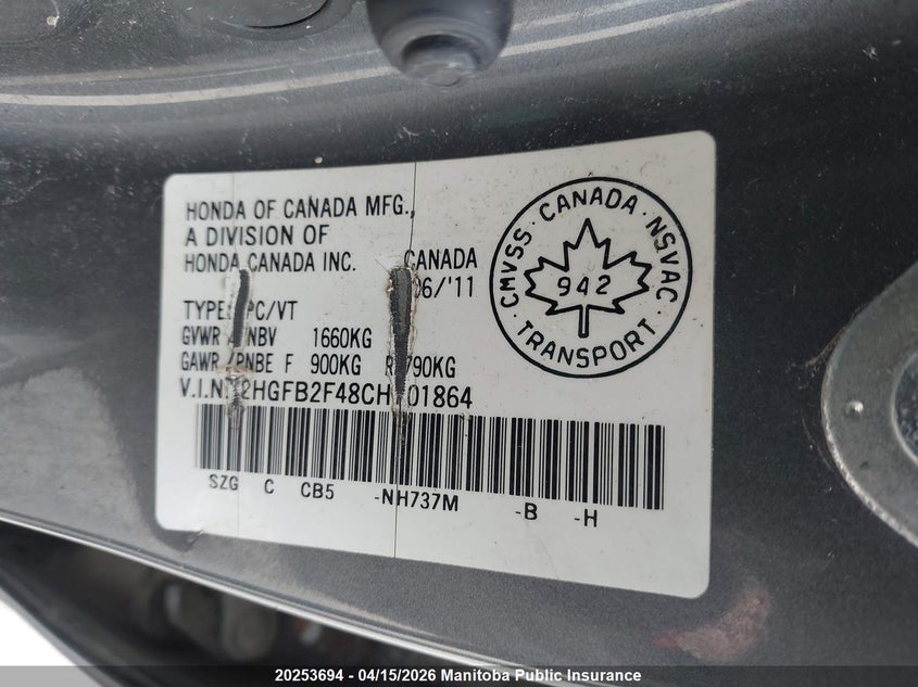 2012 Honda Civic Lx VIN: 2HGFB2F48CH101864 Lot: 20253694