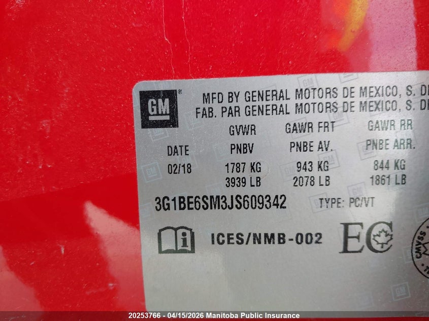 2018 Chevrolet Cruze Lt VIN: 3G1BE6SM3JS609342 Lot: 20253766