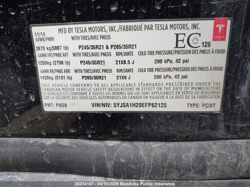 2014 Tesla Model S VIN: 5YJSA1H20EFP62125 Lot: 20254187