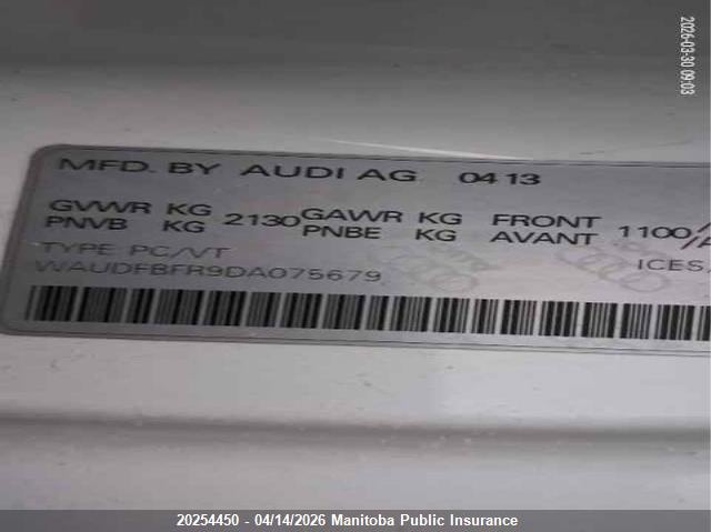 2013 Audi A5 2.0T Quattro VIN: WAUDFBFR9DA075679 Lot: 20254450