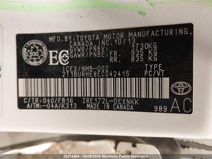 2014 Toyota Corolla Le VIN: 2T1BURHE8EC042415 Lot: 20254464