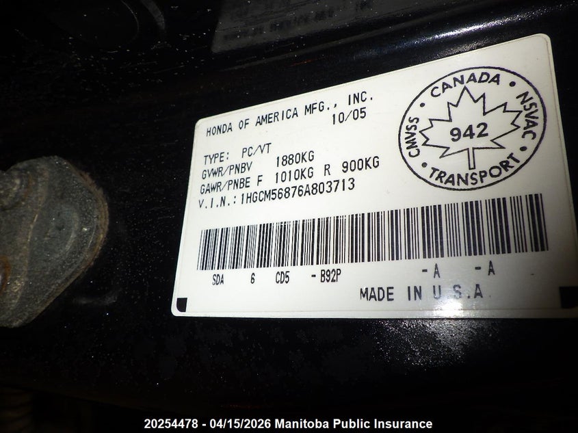 2006 Honda Accord Ex VIN: 1HGCM56876A803713 Lot: 20254478