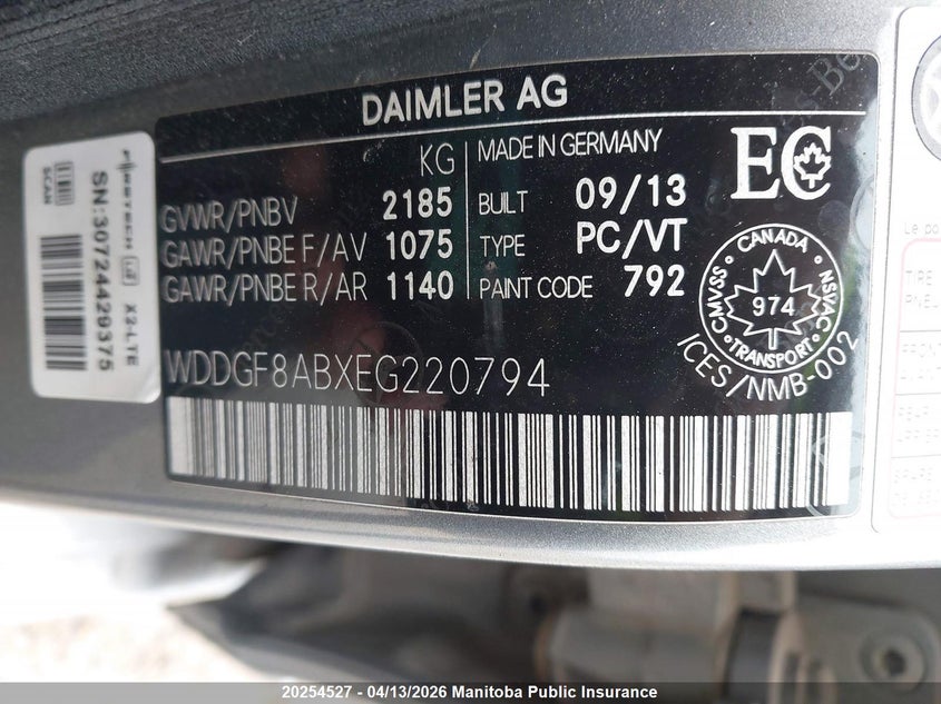 2014 Mercedes Benz C300W 4Matic VIN: WDDGF8ABXEG220794 Lot: 20254527