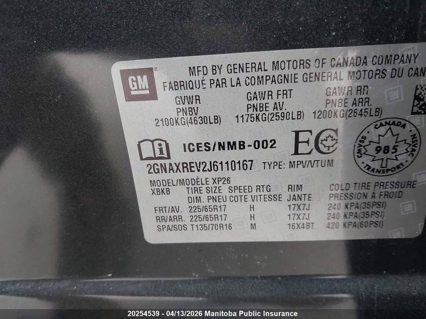 2018 Chevrolet Equinox Ls VIN: 2GNAXREV2J6110167 Lot: 20254539