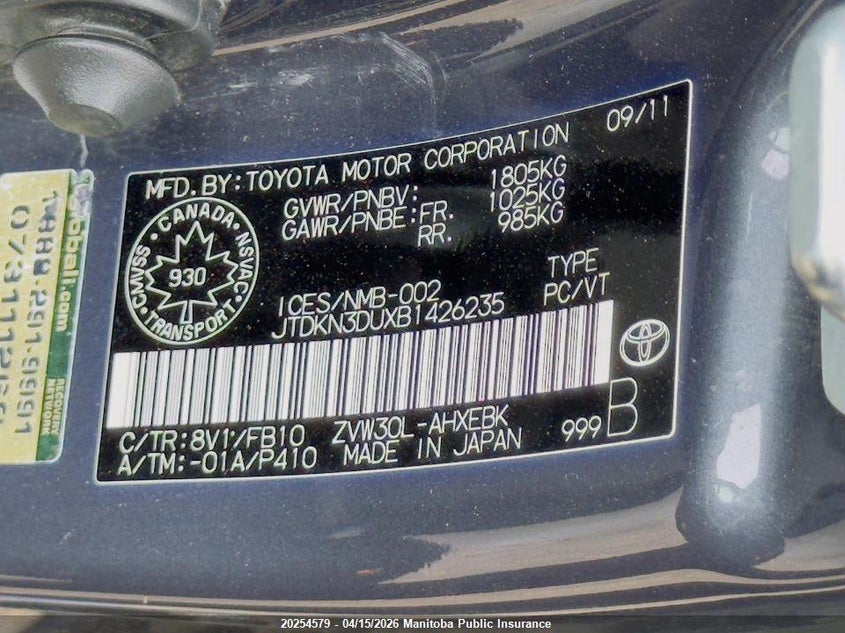 2011 Toyota Prius VIN: JTDKN3DUXB1426235 Lot: 20254579